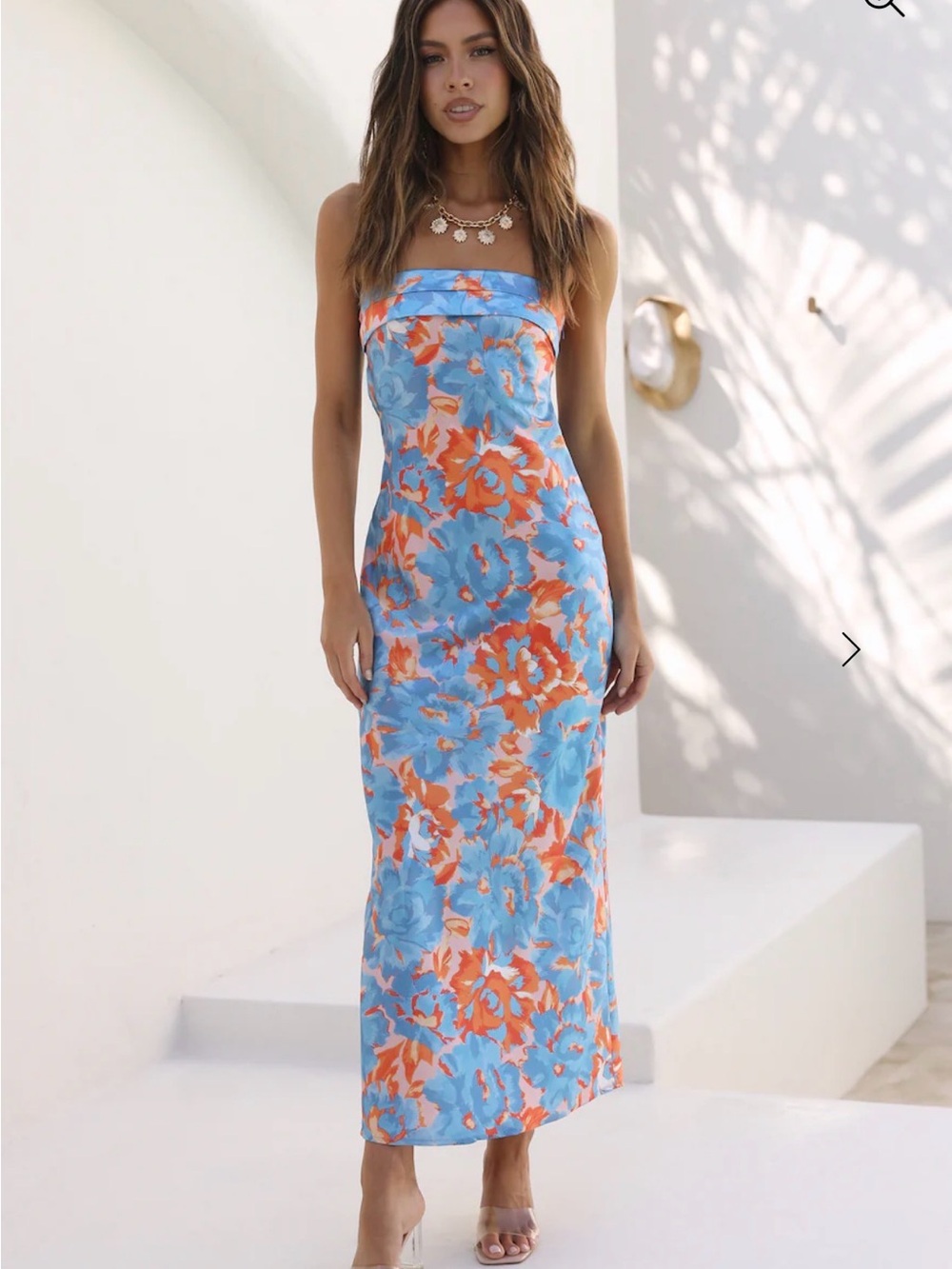 Hello Molly Strapless Floral Maxi Dress in Sky Blue & Coral